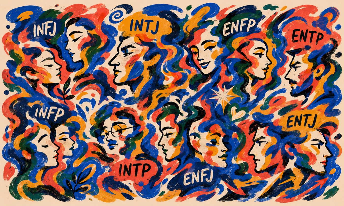 A painted crowd of faces in profile, each labelled with an intuitive MBTI type